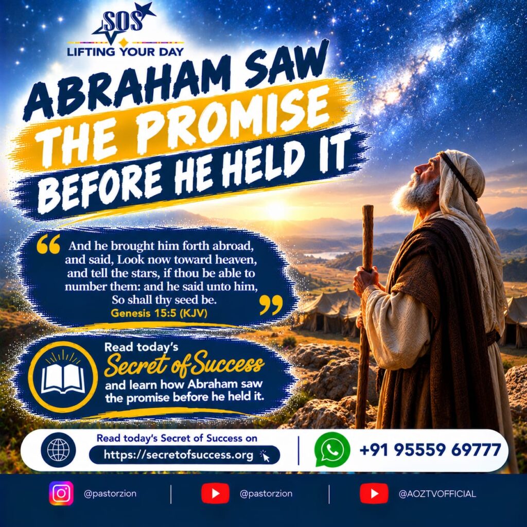 Abraham looking at the star-filled sky under the Secret of Success title, illustrating faith in God's promise from Genesis 15:5.