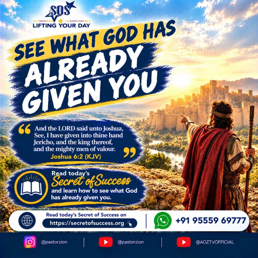 Joshua looking toward Jericho with the message “See What God Has Already Given You,” based on Joshua 6:2.